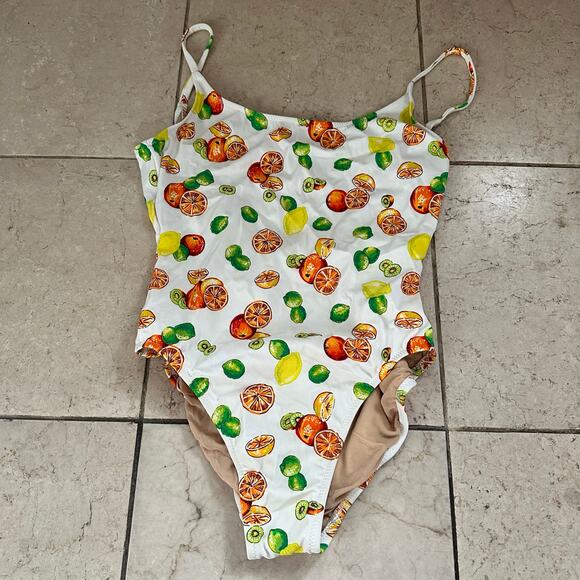 J. Crew L Fruit Print Lemon Kiwi Orange Lime Swimsuit One Piece White Beach Pool - Picture 3 of 14
